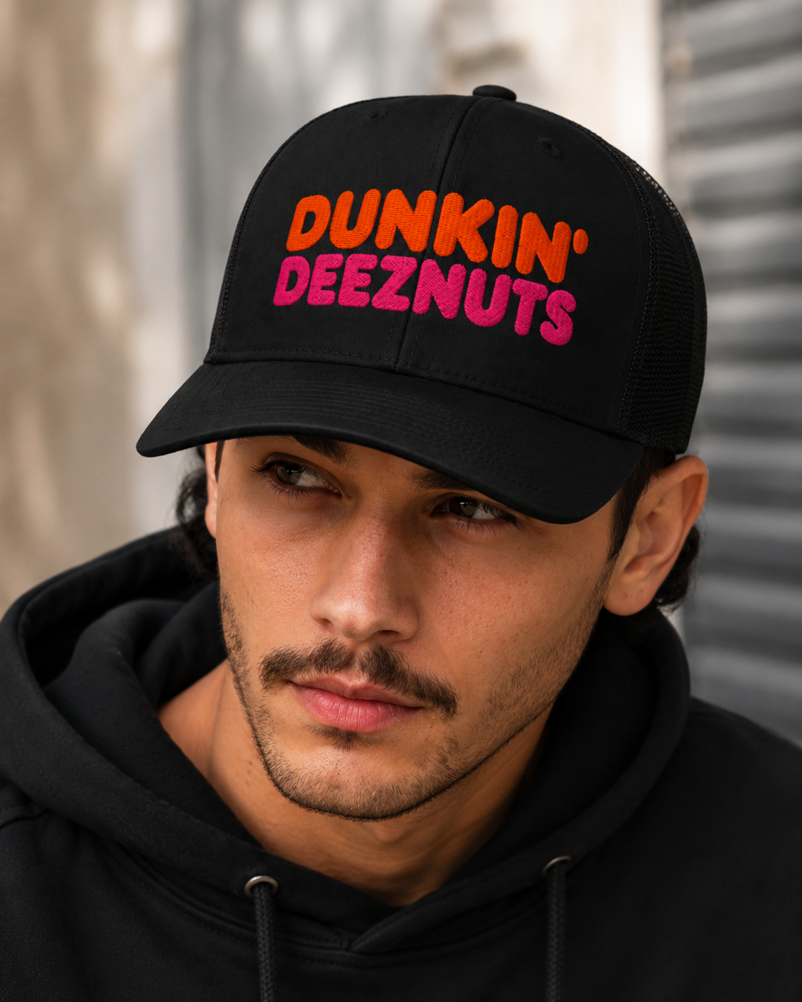 Dunkin Deeznuts funny embroidered trucker cap design close-up