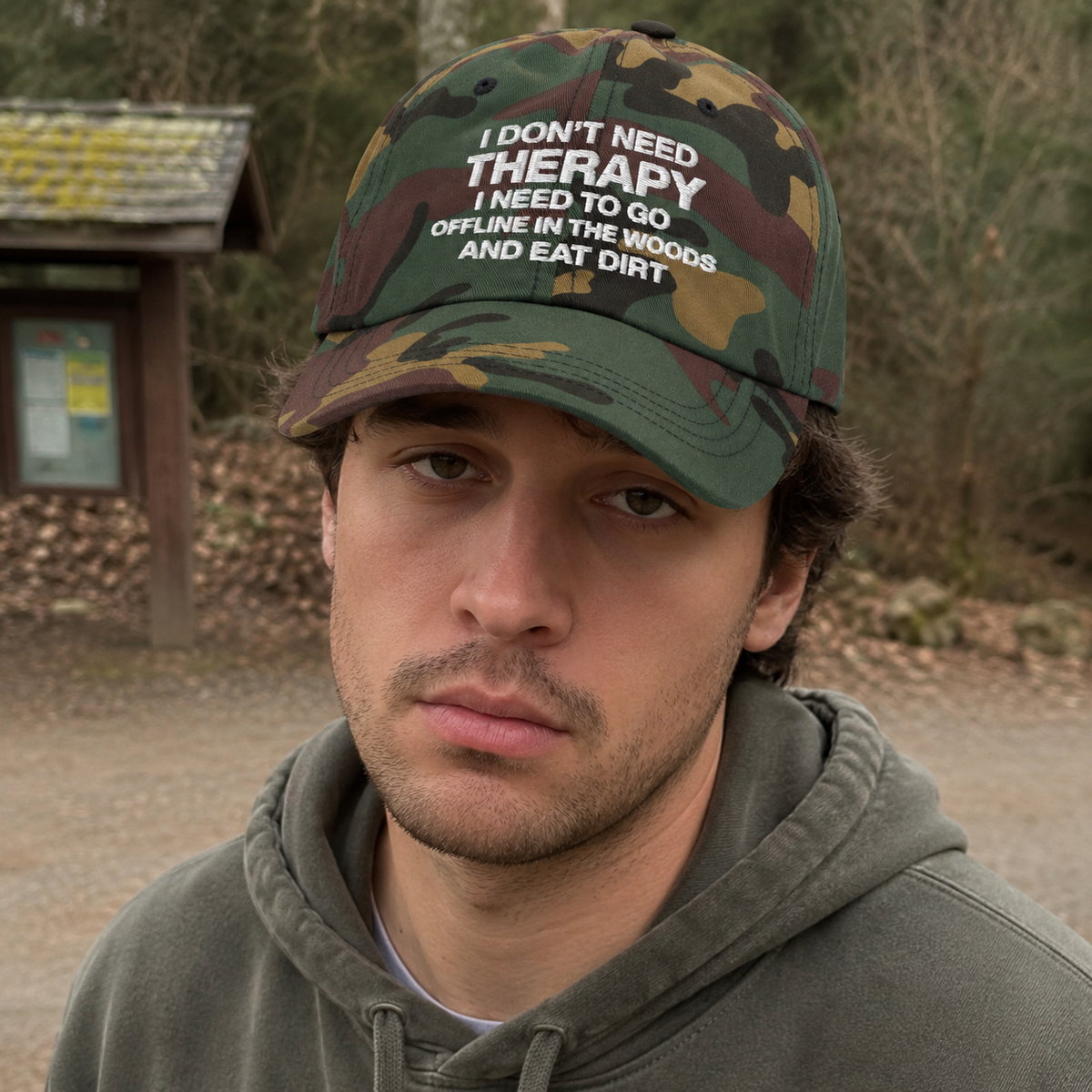 I Don't Need Therapy, I Need to Go Offline in the Woods and Eat Dirt Hat | Embroidered Goblincore Dad Cap