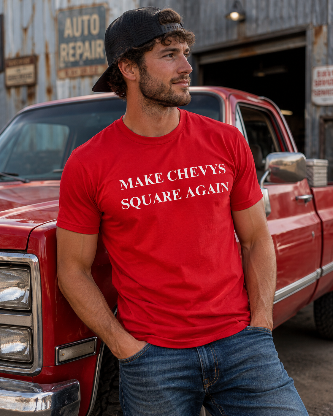 Make Chevys Square Again truck parody tee design close-up
