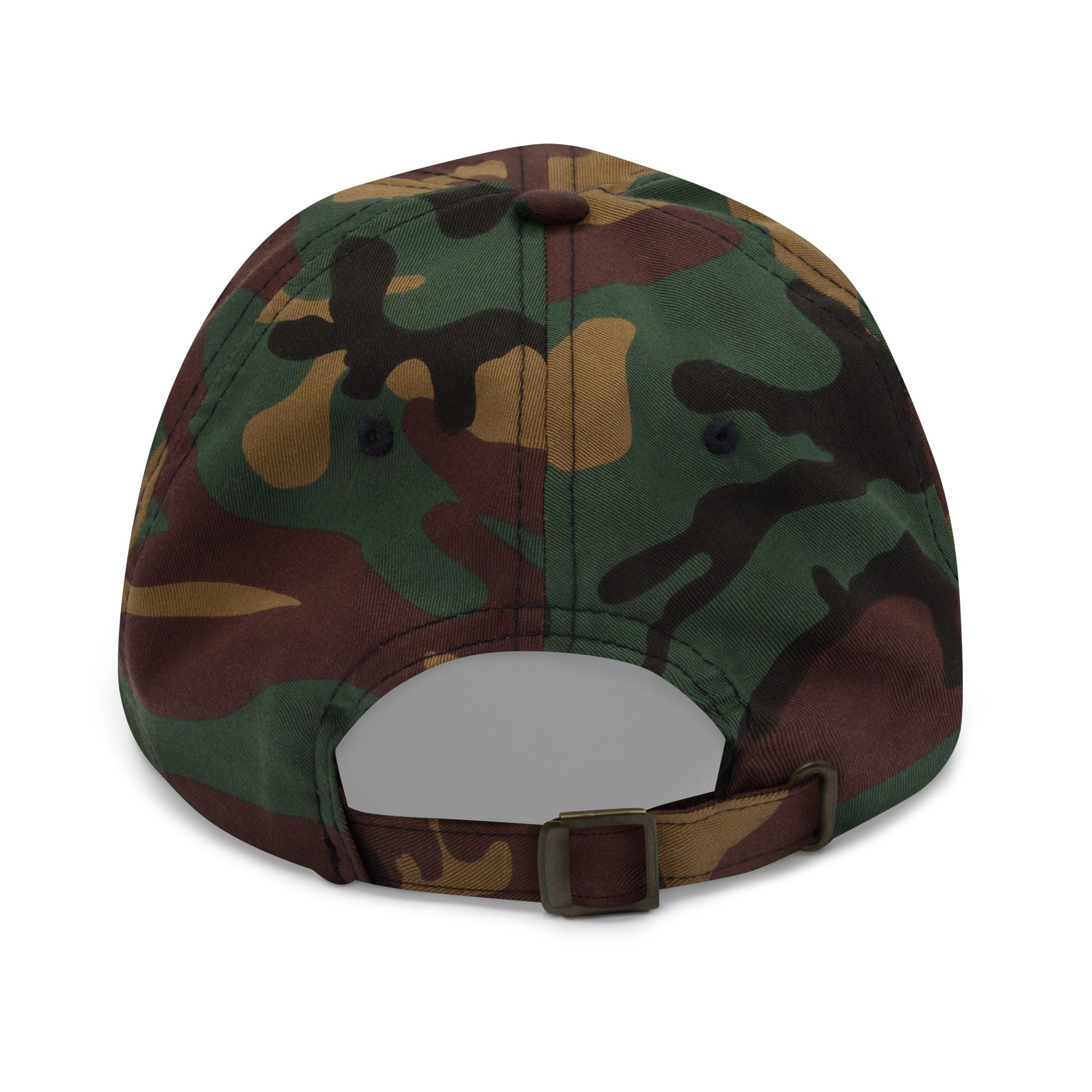I Fear Fish I Fear Women funny embroidered dad hat in green camo – back view