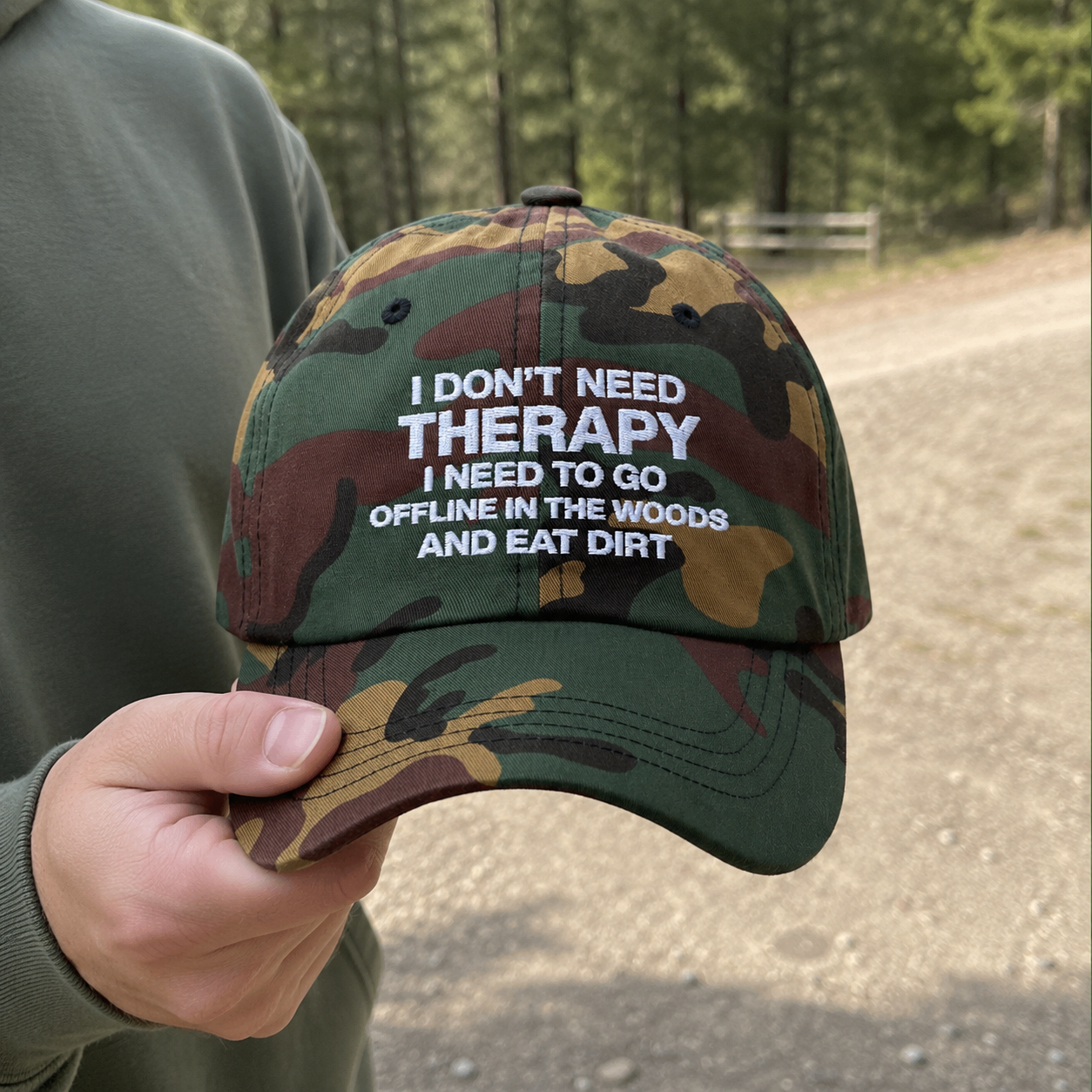 I Don't Need Therapy, I Need to Go Offline in the Woods and Eat Dirt Hat | Embroidered Goblincore Dad Cap