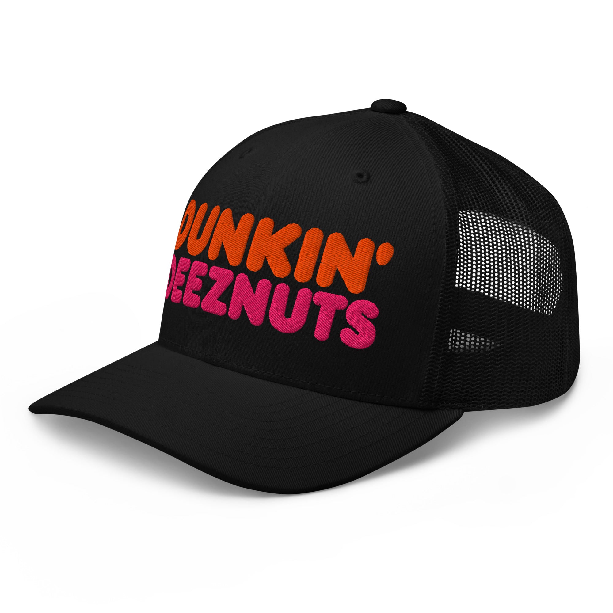 Dunkin Deeznuts funny embroidered trucker cap in black – left-front view