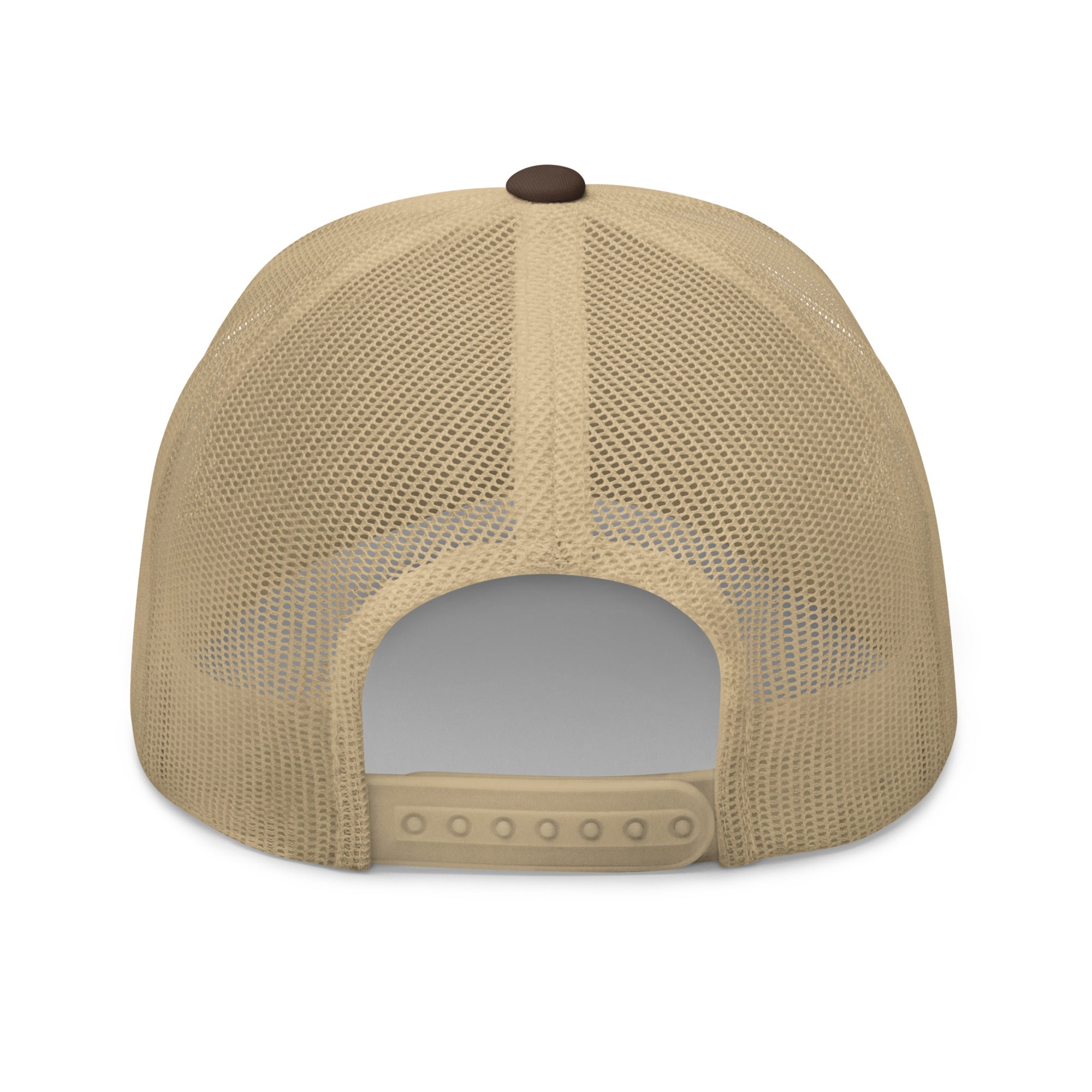 Dunkin Deeznuts funny embroidered trucker cap in brown khaki – back view