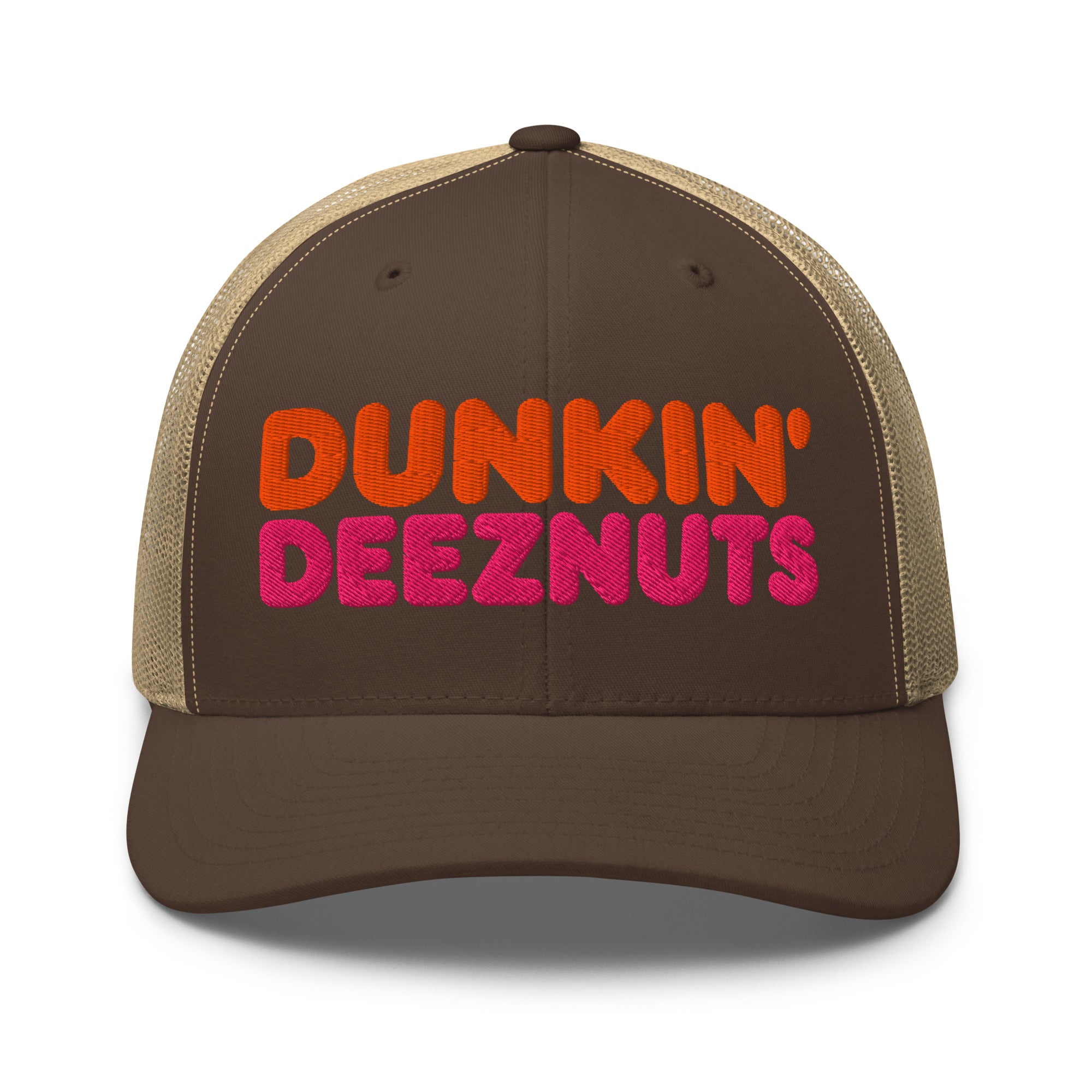 Dunkin Deeznuts funny embroidered trucker cap in brown khaki – front view