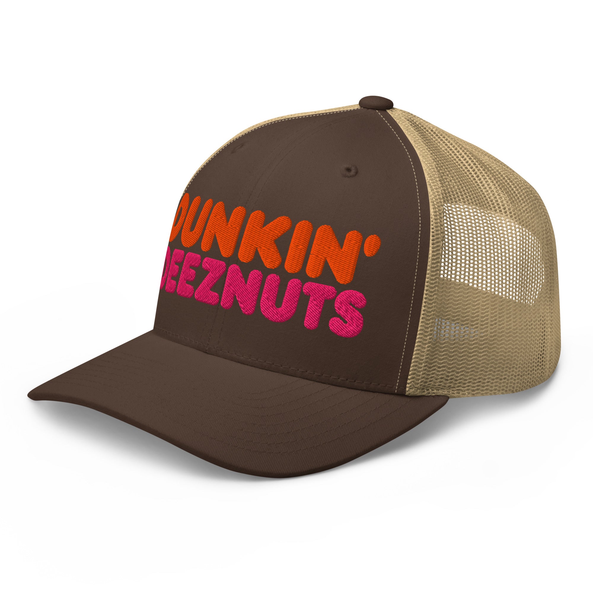 Dunkin Deeznuts funny embroidered trucker cap in brown khaki – left-front view