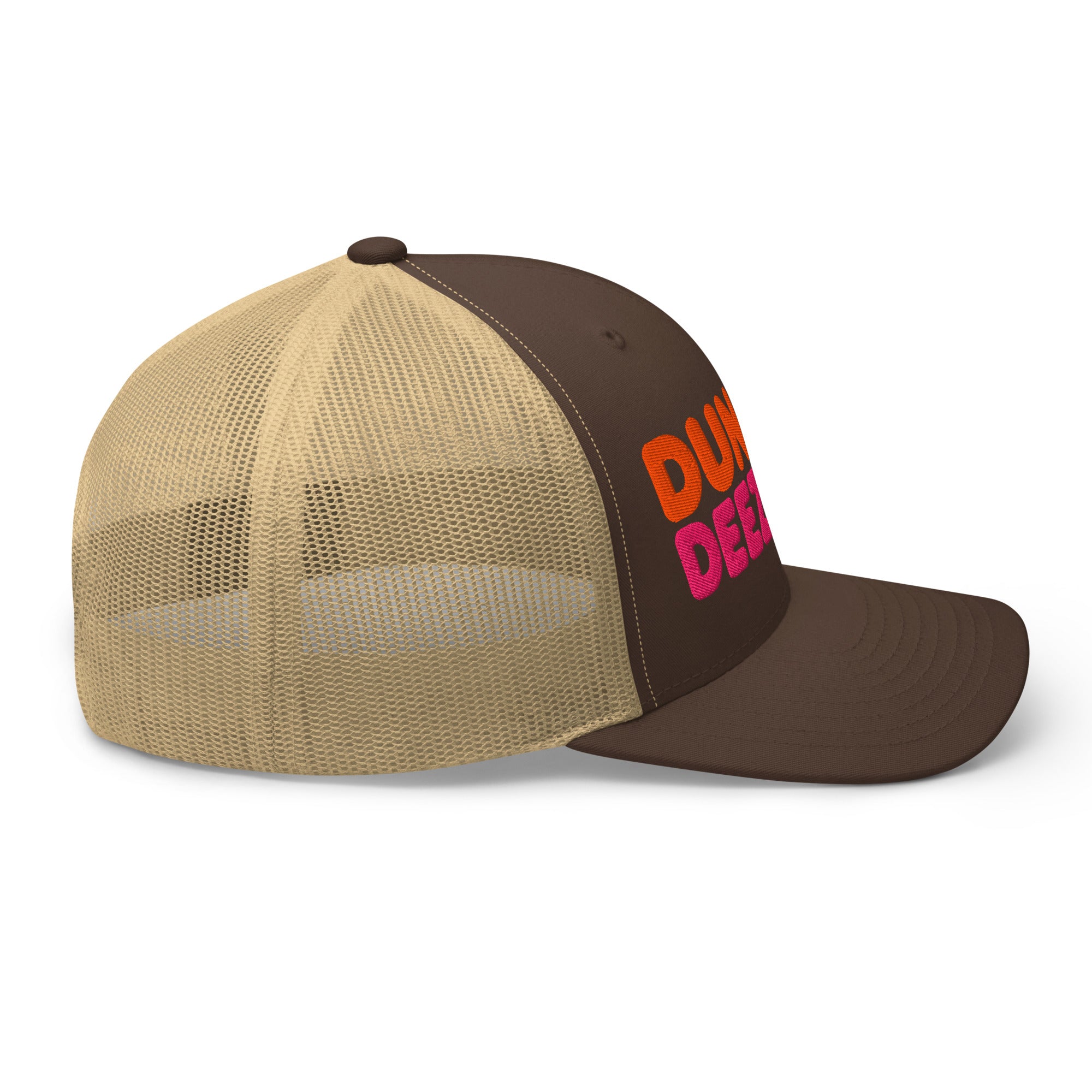 Dunkin Deeznuts funny embroidered trucker cap in brown khaki – right side