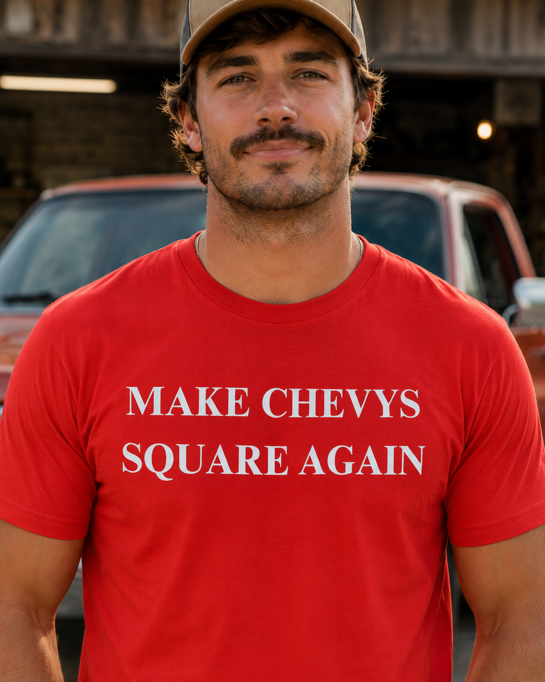 Make Chevys Square Again truck parody tee design close-up