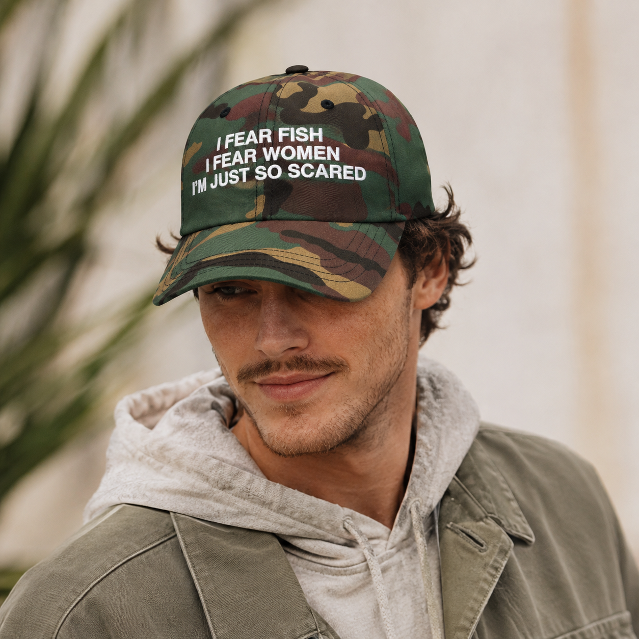 I Fear Fish I Fear Women funny embroidered dad hat design close-up