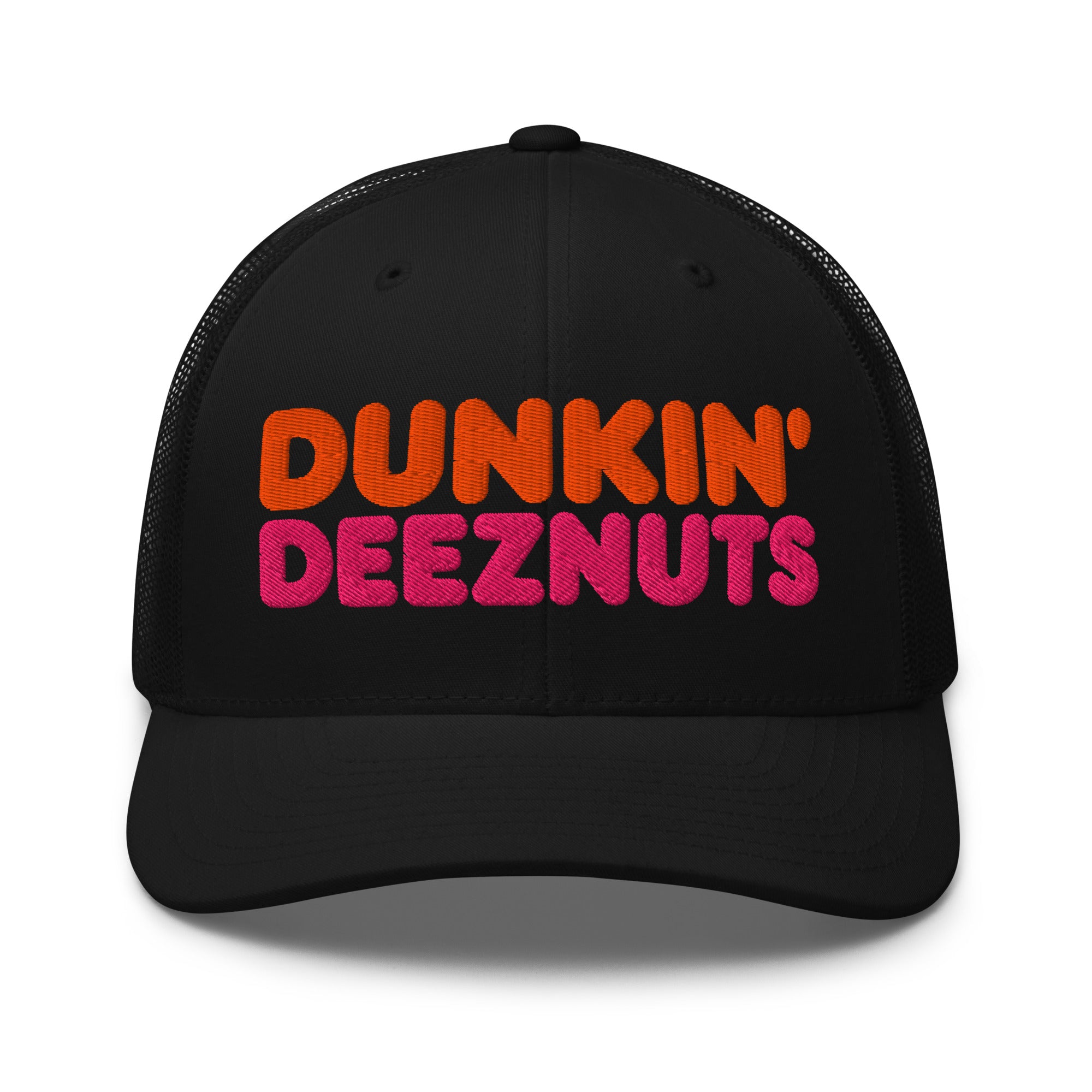 Dunkin Deeznuts funny embroidered trucker cap in black – front view