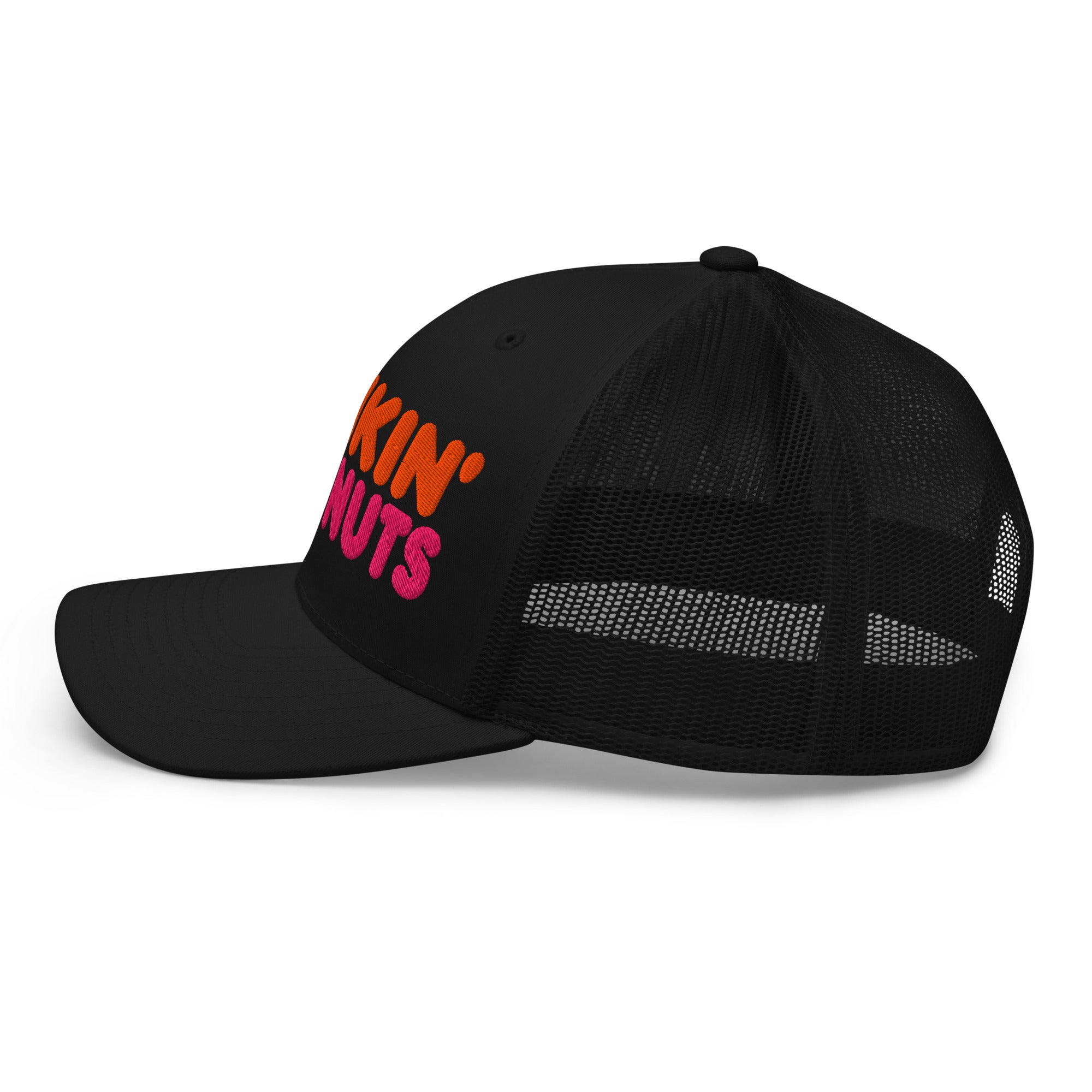 Dunkin Deeznuts funny embroidered trucker cap in black – left side