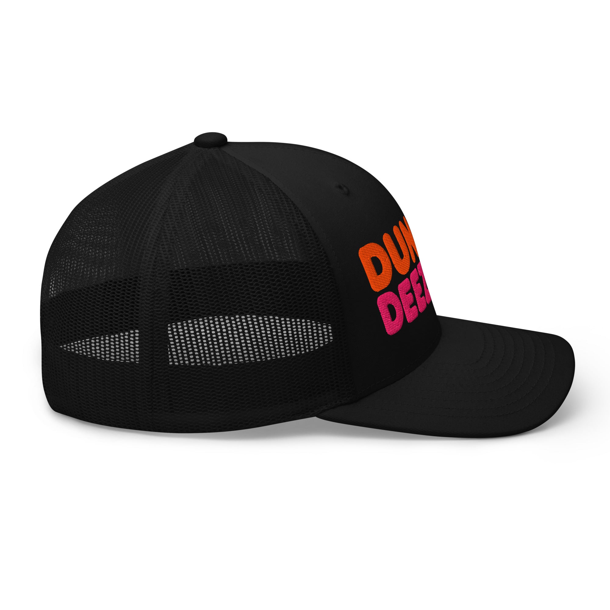 Dunkin Deeznuts funny embroidered trucker cap in black – right side