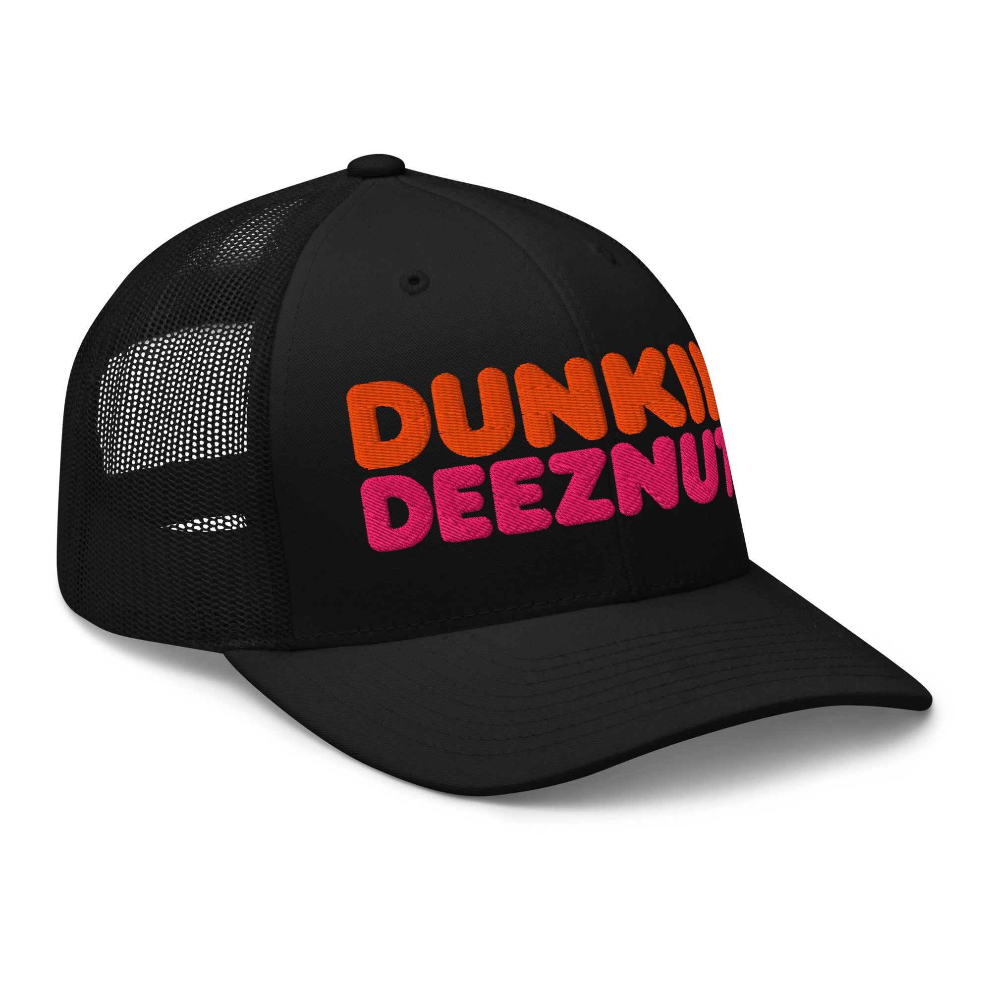 Dunkin Deeznuts funny embroidered trucker cap in black – right-front view