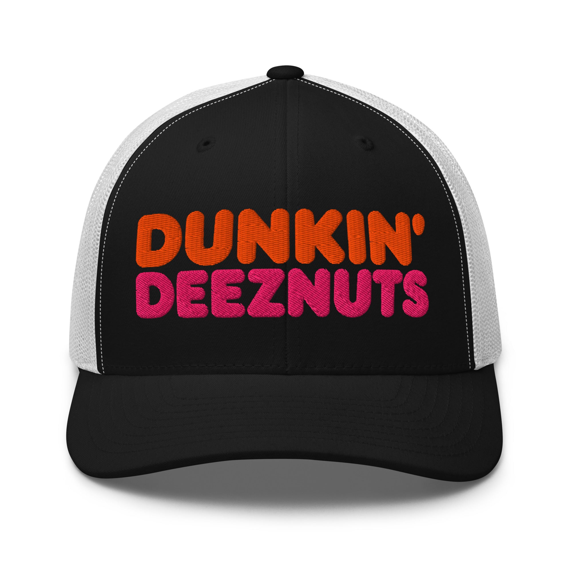 Dunkin Deeznuts funny embroidered trucker cap in black white – front view