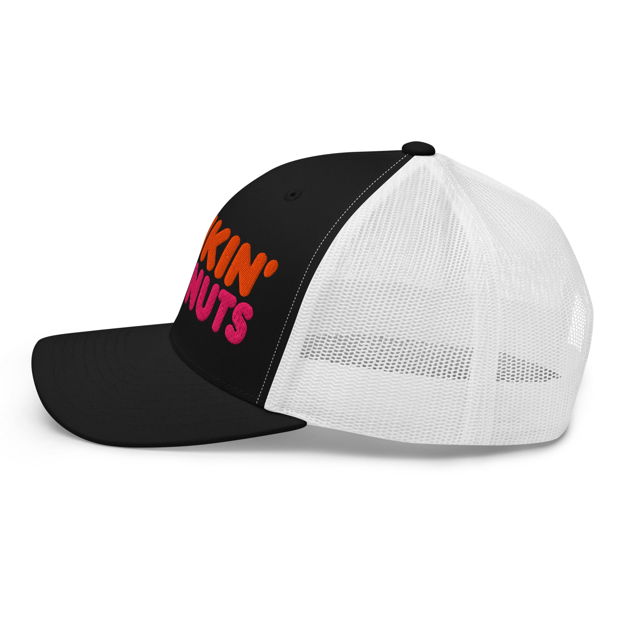 Dunkin Deeznuts funny embroidered trucker cap in black white – left side
