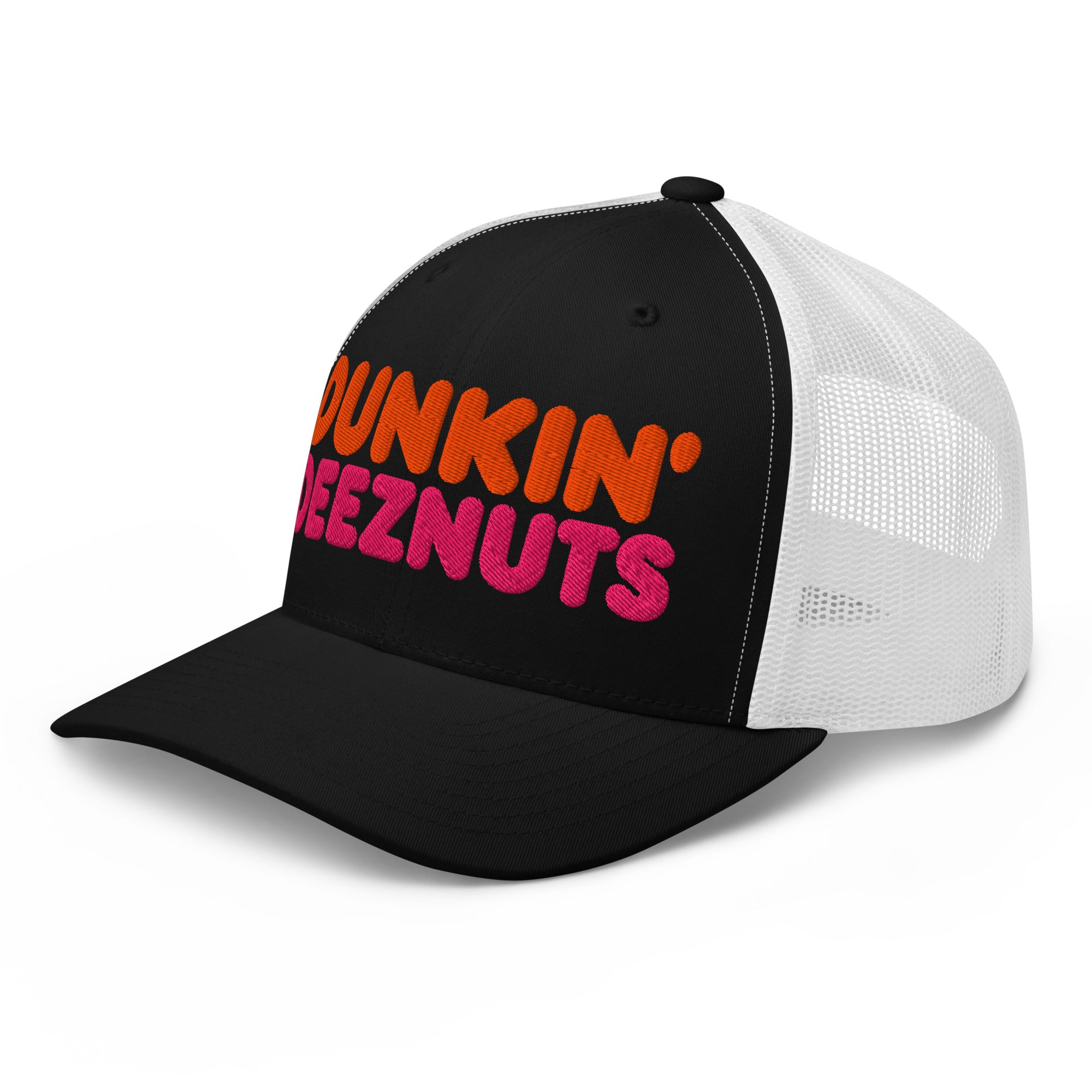 Dunkin Deeznuts funny embroidered trucker cap in black white – left-front view