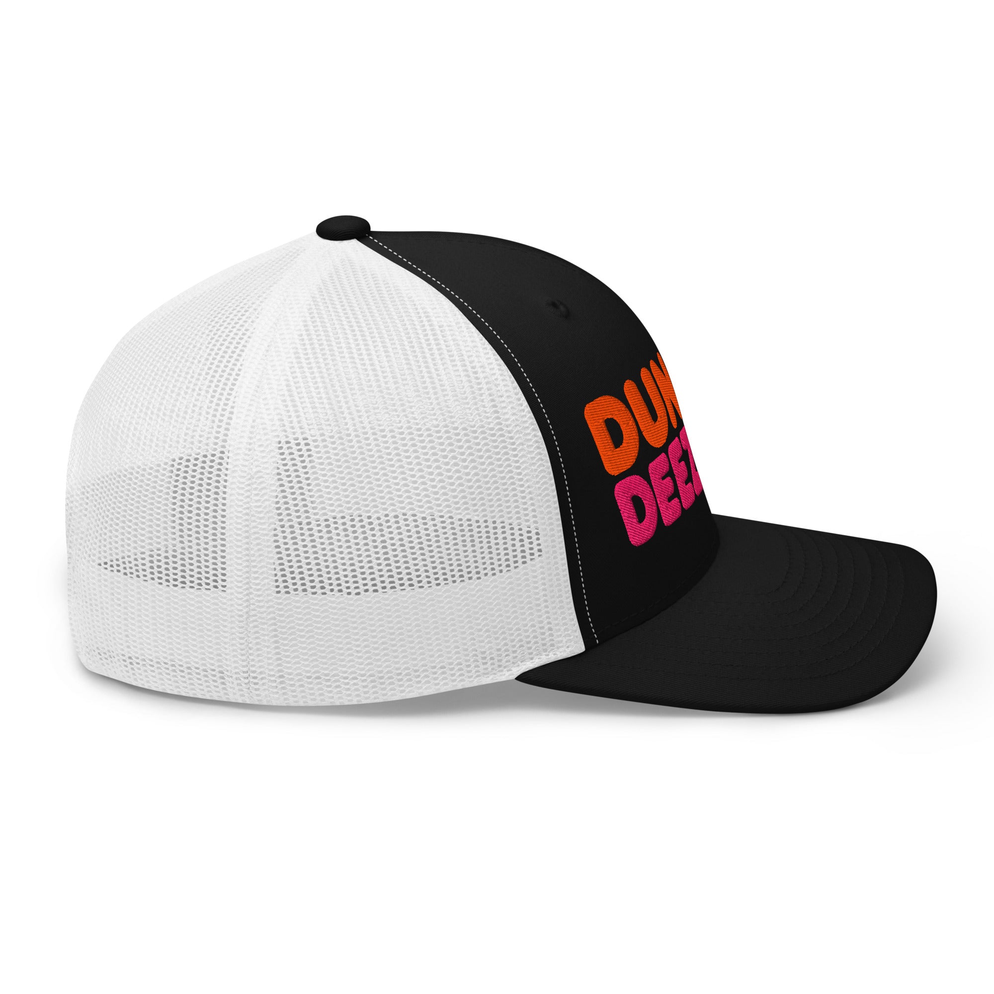 Dunkin Deeznuts funny embroidered trucker cap in black white – right side