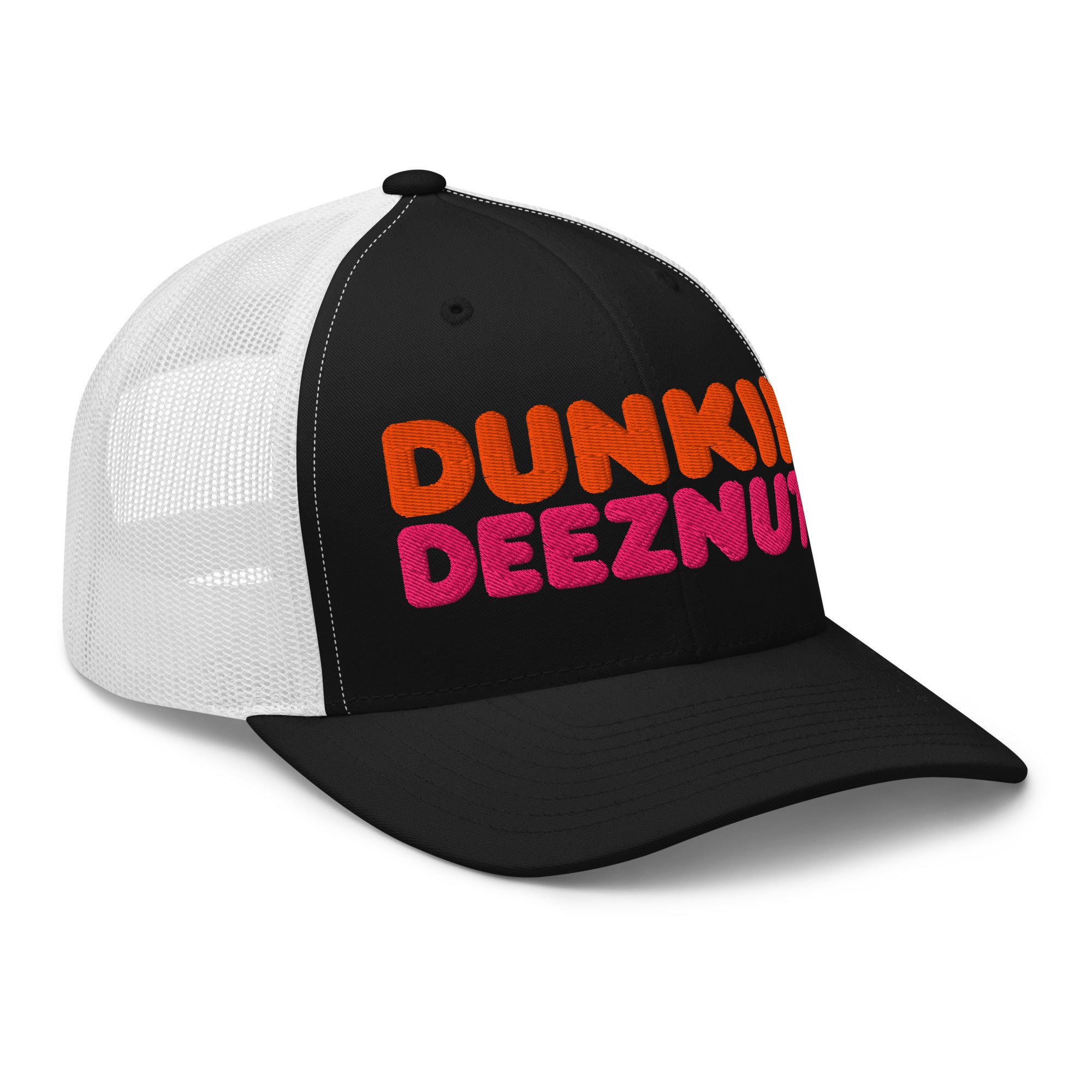 Dunkin Deeznuts funny embroidered trucker cap in black white – right-front view