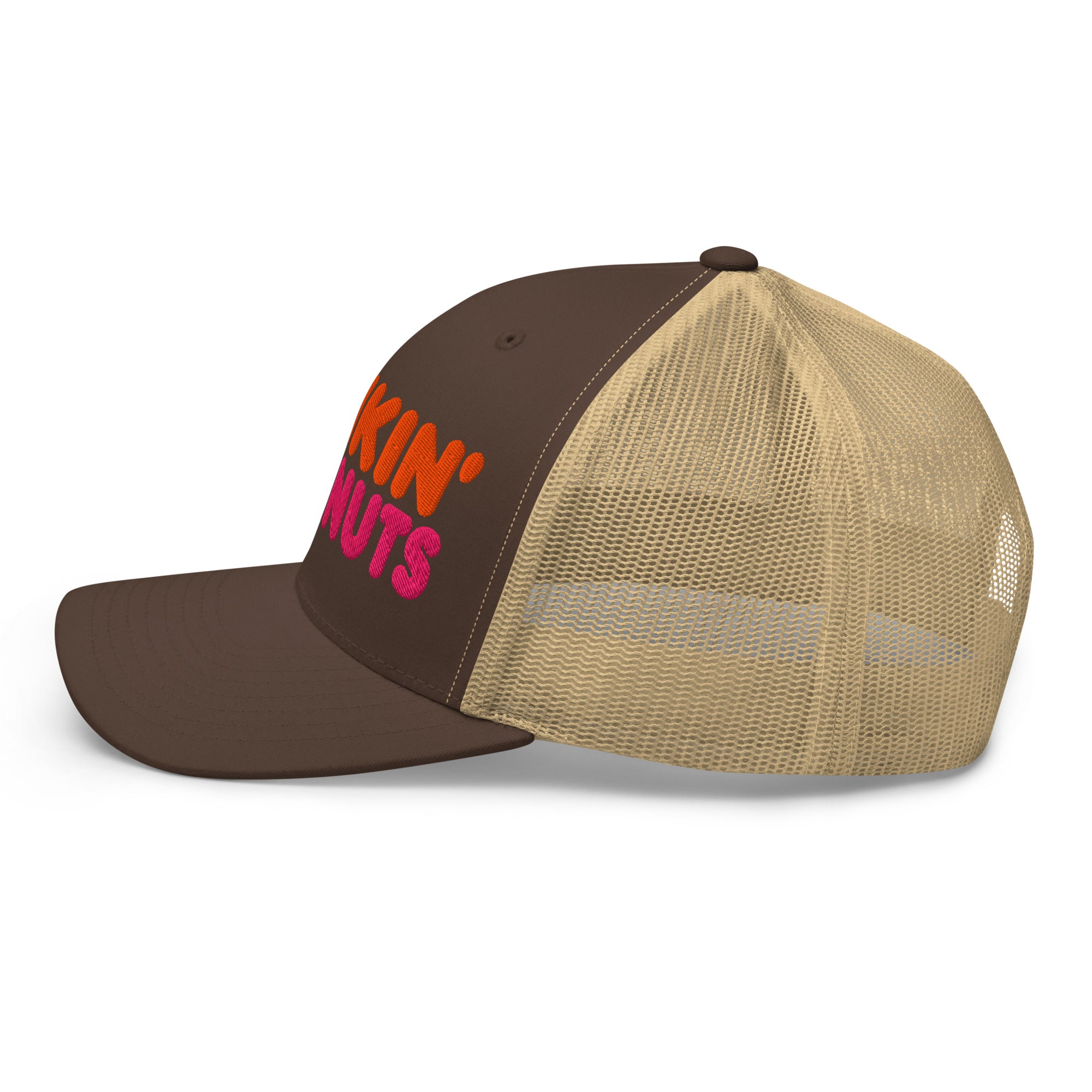 Dunkin Deeznuts funny embroidered trucker cap in brown khaki – left side