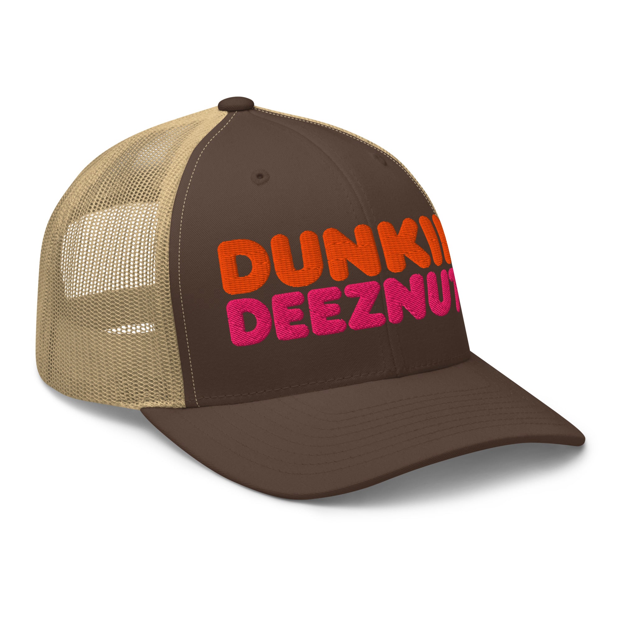 Dunkin Deeznuts funny embroidered trucker cap in brown khaki – right-front view