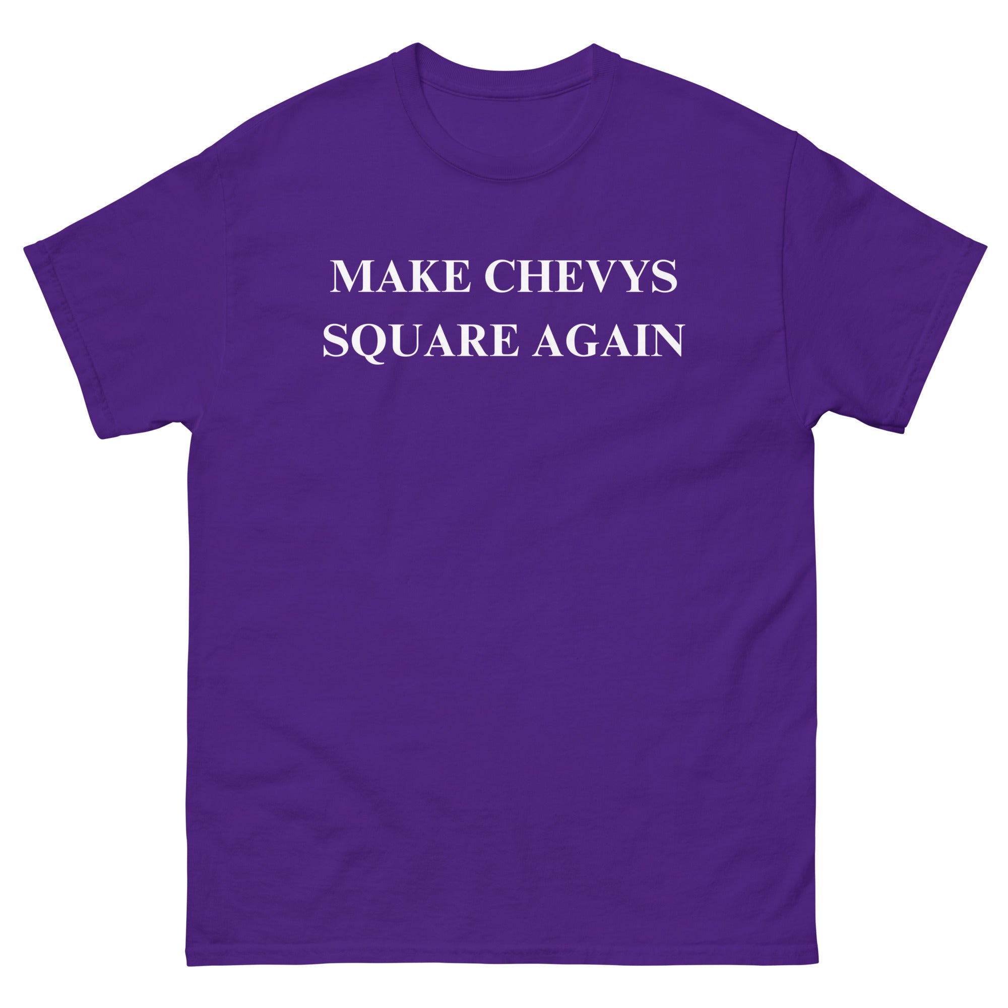 Make Chevys Square Again truck parody tee in purple – front view